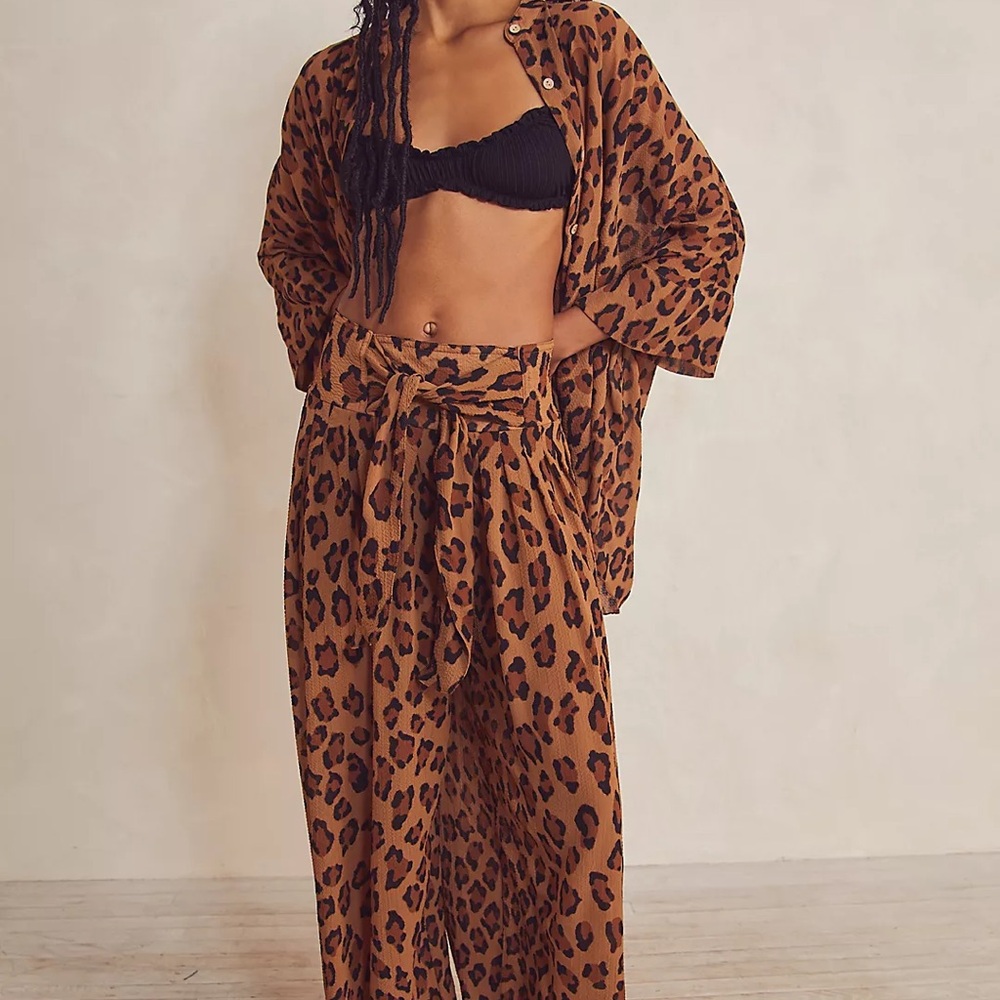 Free People Brown Leopard Wide Leg Pants - Size L